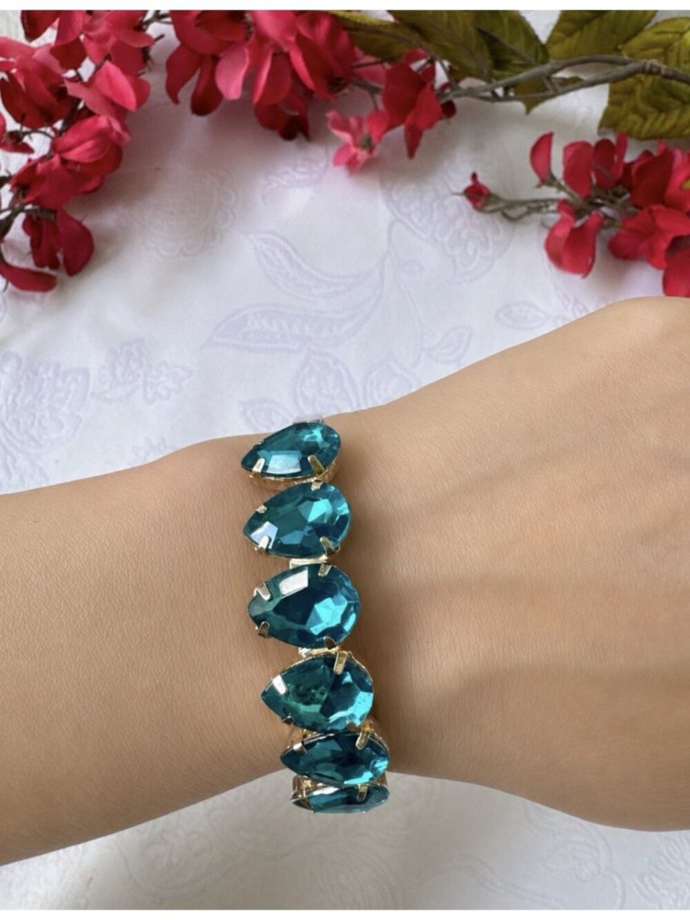 Blue Teardrop Faux Crystal Goldtone Rhinestone Cuff Bracelet Womens Party NEW